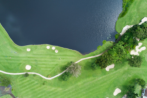 aerial view drone shot of beautiful golf field