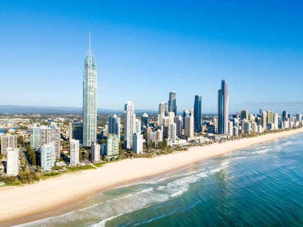 Surfers Paradise skyline aerial view An aerial view of Surfers Paradise on Queensland's Gold Coast in Australia city zoom out stock pictures, royalty-free photos & images