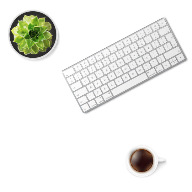 istock Keyboard, cup of coffee and succulent flower in pot. 1062845088