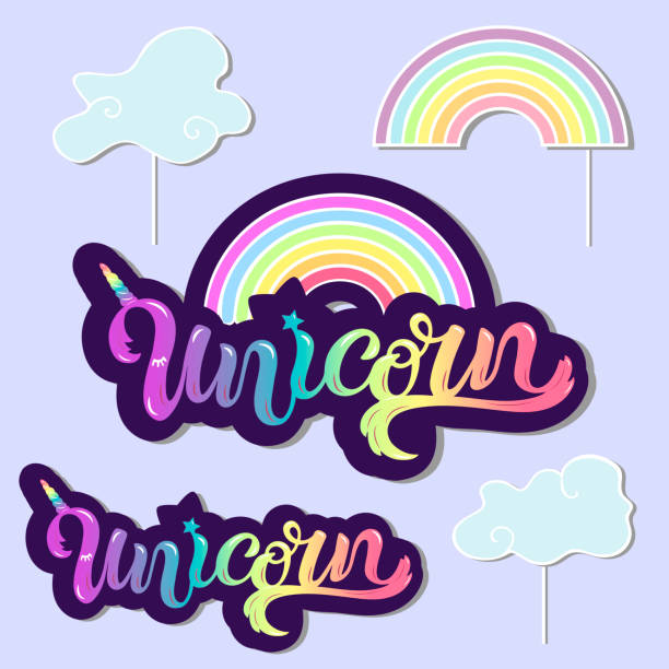 unicorn word Vector set with Unicorn, Rainbow, clouds. Handwritten lettering Unicorn, Rainbow as patch, logo, icon, stick cake toppers, laser cut plastic, wooden toppers, props for Rainbow, Unicorn party, Birthday unicorn logo stock illustrations