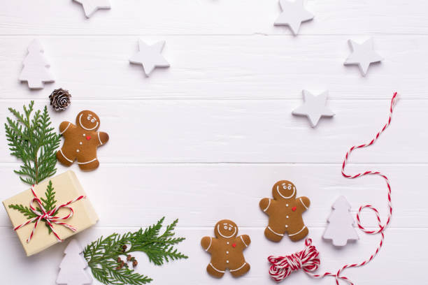 istock Christmas frame with gingerbread cookies, Christmas tree, pine cones, toys. Copy space for text. winter holidays. Christmas mock-up 1062861786