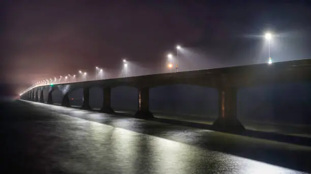Confederation Bridge at night connecting Nova Scotia and PEI