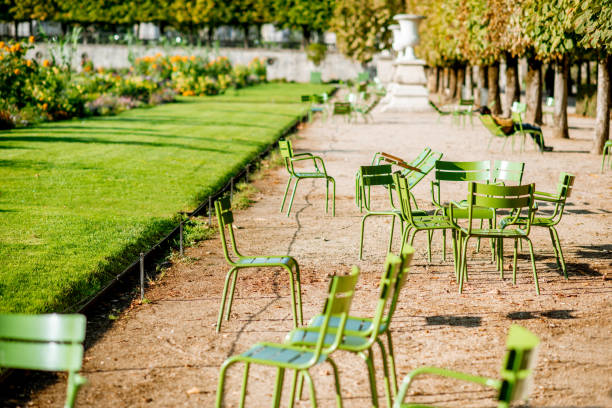 istock Green chairs at Tuileries gardens in Paris 1062879134