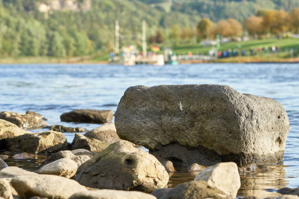 Low water in a hot summer on the River Elbe at Rathen in the Elbe Sandstone Mountains