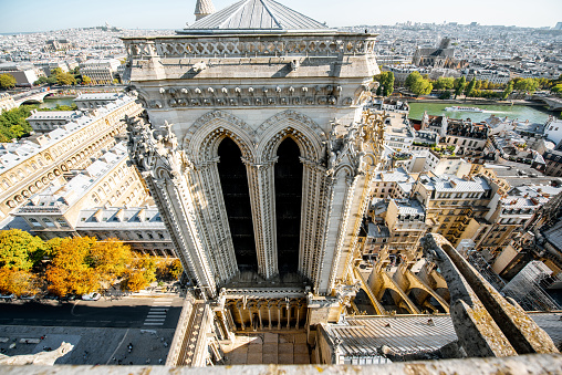 Aerial panoramic view of Paris from the Notre-Dame cathedral during the morning light in France