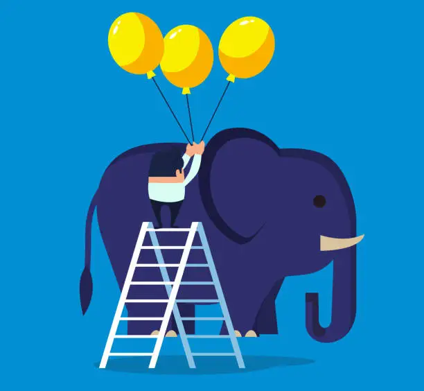 Vector illustration of Businessman makes a huge elephant fly with balloons