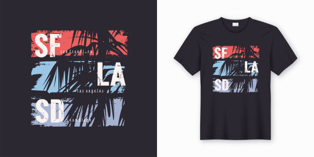 sf-la-sd grafik t-shirt-vektor-design mit palm tree silhouette. - san francisco county sunrise nobody sky stock-grafiken, -clipart, -cartoons und -symbole