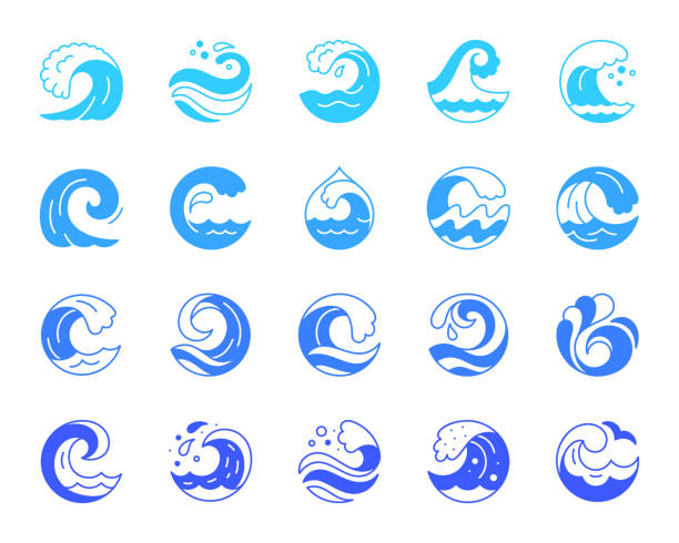 물 파 색상 실루엣 아이콘 벡터 세트 - tide water frame wave stock illustrations