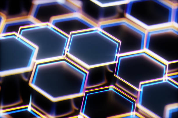istock Black abstract hexagon background, 3d rendering honeycomb background with bright edges. 1062911662