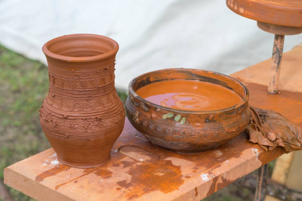 Handmade ceramic crafted clay pot and jar stock photo