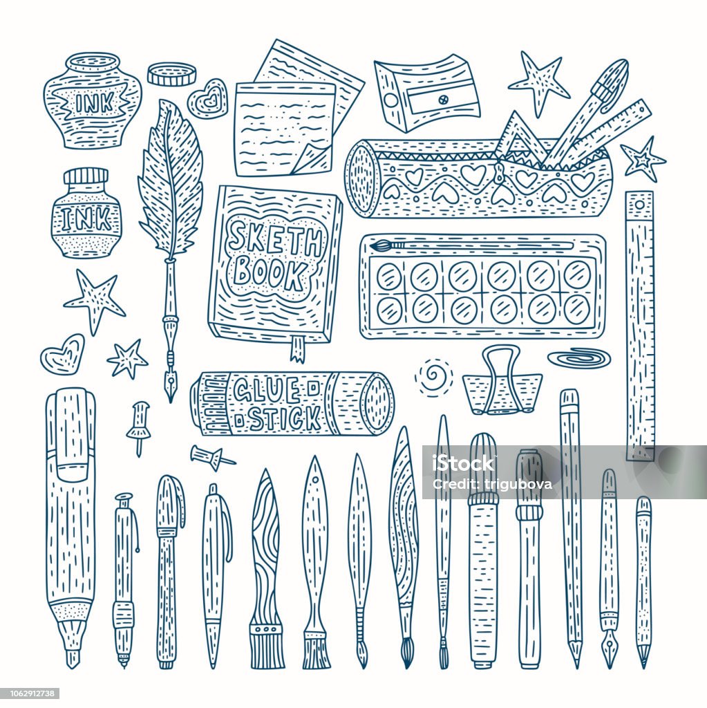 Drawing Accessories Round Vector Set Doodle Outline Drawing Supplies For  School And Office Stock Illustration - Download Image Now - iStock