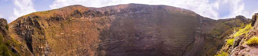 Crater of Italy biggest volcano Vesuvius. Panorama view. High quality photo.