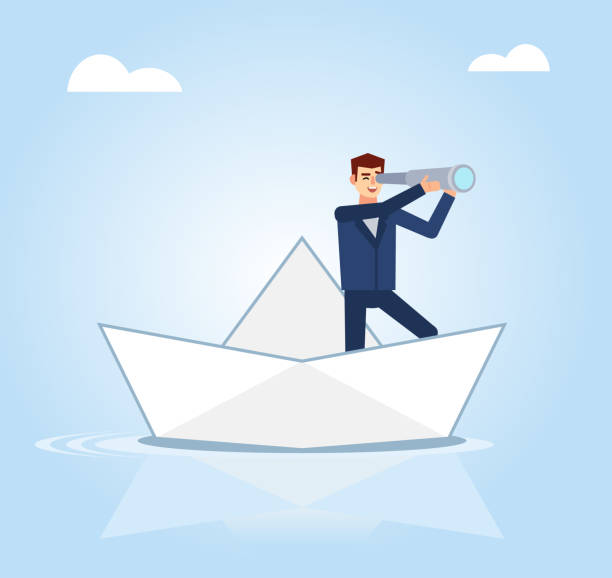 istock Businessman stands in boat and holds spyglass, watching forward. Business direction concept 1062917544