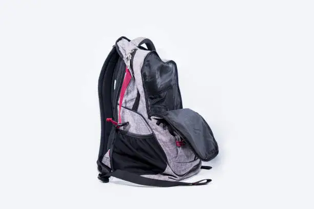 Photo of Empty gray backpack isolated on white background