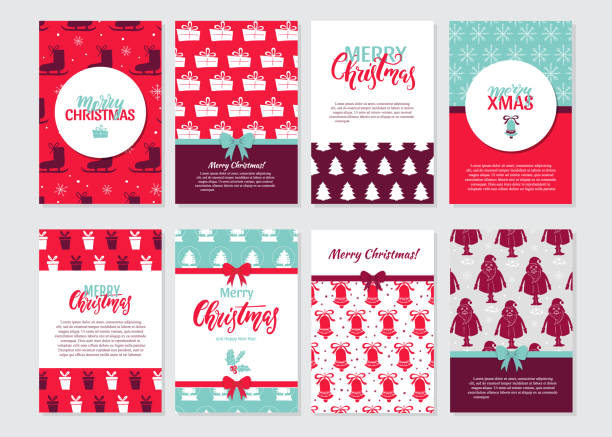 Set of Christmas greeting cards Vector Set of Christmas greeting cards, brochures in vintage style. Winter seasons and Christmas symbols with ribbons and text. Xmas design. gift borders stock illustrations