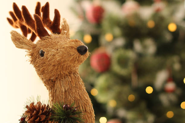 istock Christmas time: Adorable Santa reindeer with blurry Christmas tree background 1062924176