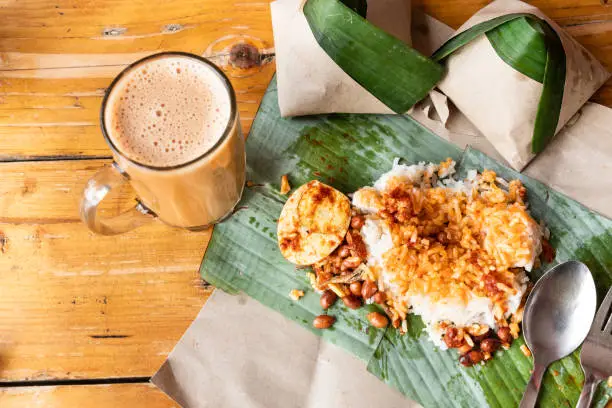 Photo of Simple banana leaf nasi lemak and teh tarik breakfast