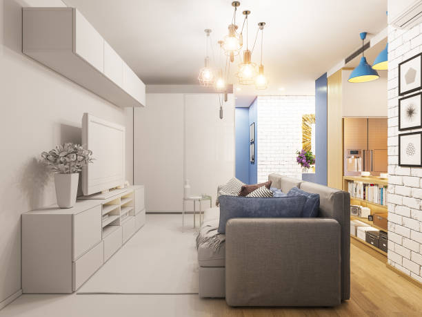istock 3d illustration living room and kitchen interior design. Modern studio apartment in the Scandinavian minimalist style ambient occlusion 1062927830