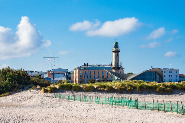 Lighthouse with blue sky in Warnemuende, Germany