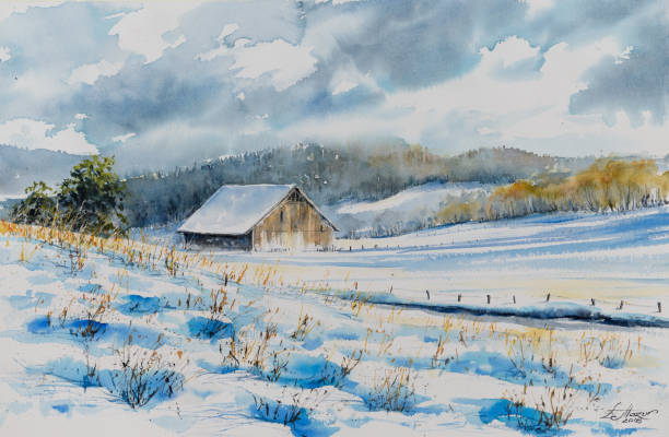 зимний пейзаж - sketch landscape mountain barn stock illustrations