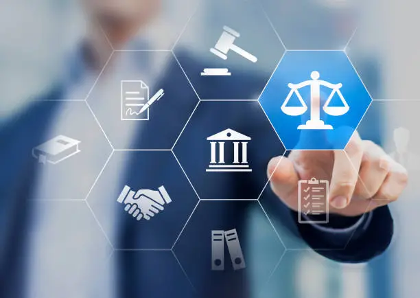 Photo of Legal advice service concept with lawyer working for justice, law, business legislation, and paperwork expert consulting, icons with person in background