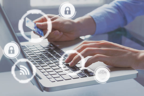 istock Secure online payment with credit card on internet shop e-commerce technology, concept with icons and person paying on computer website in background 1062934978