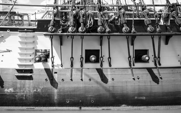 Outdoor view of the french vessel called l'hermione, replica ship of hermione, an ancient famous boat.