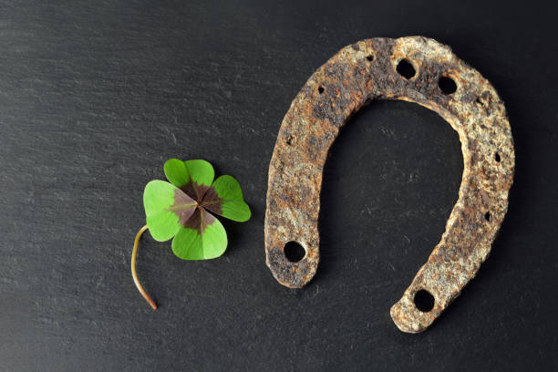 istock Horseshoe and lucky clover on black background 1062936992