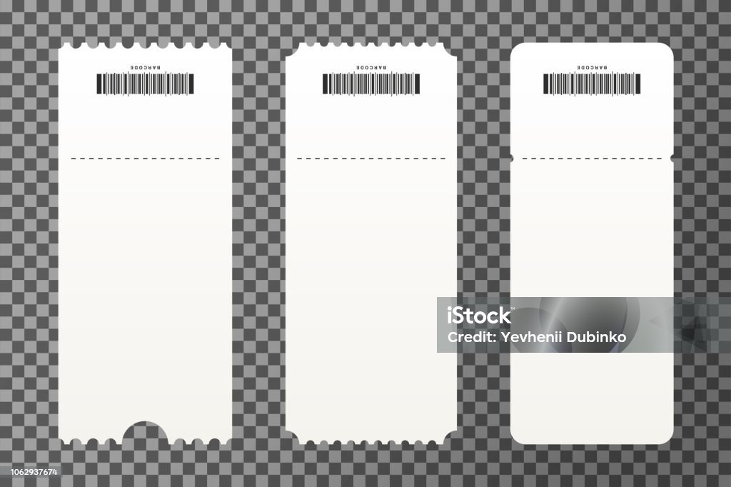 Set of empty ticket templates isolated on transparent background. Blank tickets mockup for entrance to the concert Set of empty ticket templates isolated on transparent background. Blank tickets mockup for entrance to the concert, cinema, circus and festival. Vector Ticket stock vector