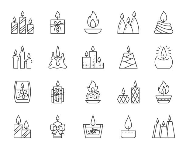 Candle Flame simple black line icons vector set Candle Flame thin line icons set. Outline sign kit of church decoration. Memorial Fire linear icon wax, transparent candlelight. Simple candle flame black contour symbol isolated Vector Illustration flame symbols stock illustrations