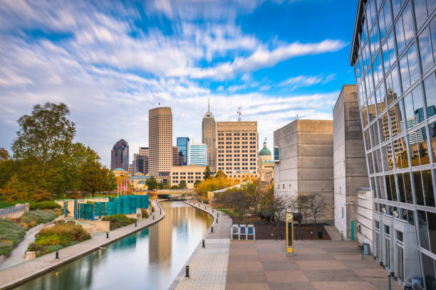 Indianapolis, Indiana, USA Indianapolis, Indiana, USA downtown skyline over the river walk. landscape view of indianapolis indiana during the day stock pictures, royalty-free photos & images