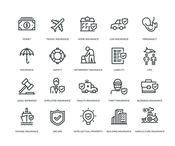 ilustraciones, imágenes clip art, dibujos animados e iconos de stock de iconos de seguros - línea serie - insurance symbol computer icon travel