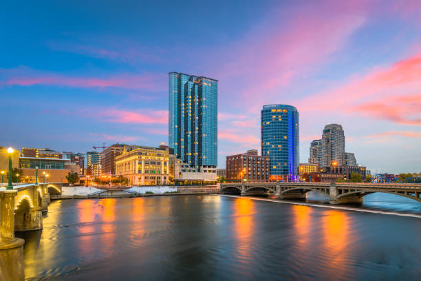 Grand Rapids, Michigan, USA Downtown Skyline Grand Rapids, Michigan, USA downtown skyline on the Grand River at dusk. michigan stock pictures, royalty-free photos & images