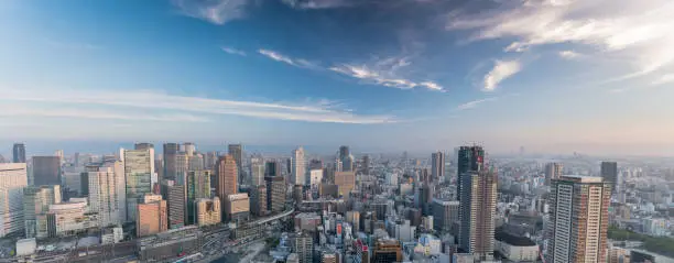 Panorama from the skyline of Osaka, Umeda district at sunset.