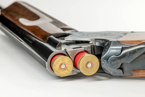 fucile a doppia canna con due proiettili da 12 gage inseriti - 12 gage foto e immagini stock