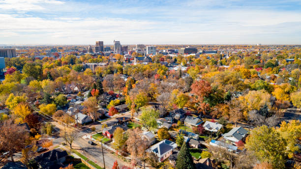Aerial view of Boise Idaho skyline in the fall with autumn colored trees stock photo