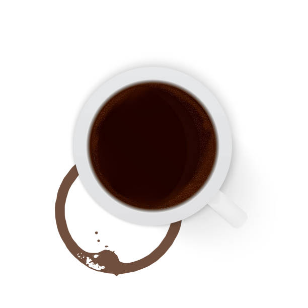 istock Coffee cup and coffee stain vector illustration. Top view cup of espresso with cup bottom rings and drop splashes isolated on white background. 1062969196