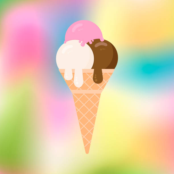 istock Ice cream on a blurred colorful background. Cartoon icecream cone  in flat style. Concept of desserts. Summer vector illustration. Italian Gelato. 1062969232