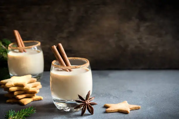 Eggnog with cinnamon and nutmeg for Christmas and winter holidays. Christmas Eggnog, gingerbread cookies isolated on stone background.