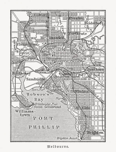 City map of Melbourne, Australia, wood engraving, published in 1897 Historical city map of Melbourne, Australia. Wood engraving, published in 1897. melbourne street map stock illustrations