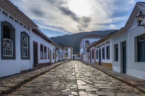 Early morning in one of the main streets in the historic center of Tiradentes, in Portuguese colonial style. Minas Gerais Brazil