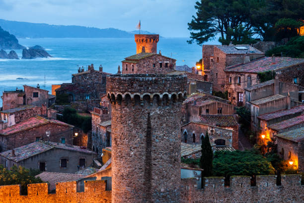Old Town of Tossa de Mar Tossa de Mar walled Old Town, medieval tower and battlement, rampart of the Vila Vella on Costa Brava, Catalonia, Spain tossa de mar stock pictures, royalty-free photos & images