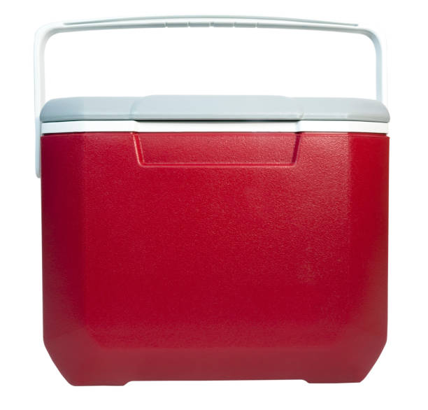 Food and Drink Cooler Front and top view of closed of red and white plastic food and drink cooler. Isolated. cooler container photos stock pictures, royalty-free photos & images
