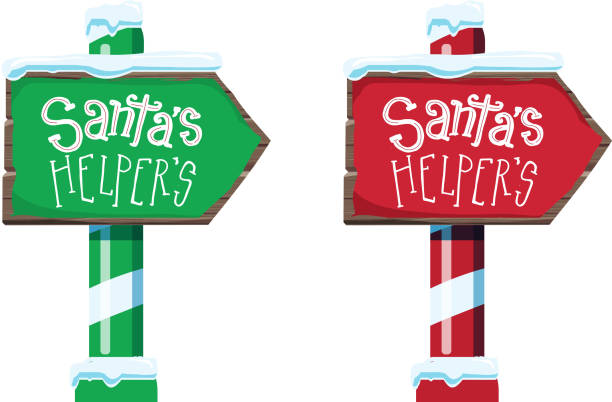 Wooden winter Christmas Santa's Helper sign with handwriting or hand lettered text Set of two Vector illustration of a Wooden winter Christmas Santa's Helper sign with handwriting or hand lettered text. Easy to edit. santas helpers stock illustrations