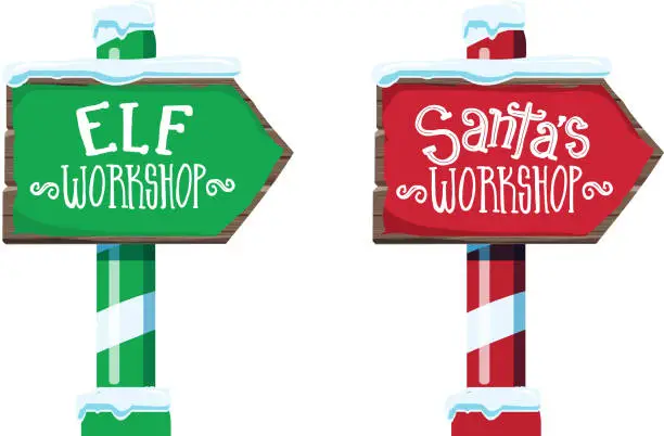 Vector illustration of Wooden winter Christmas Santa Workshop and Elf Workshop sign with handwriting or hand lettered text