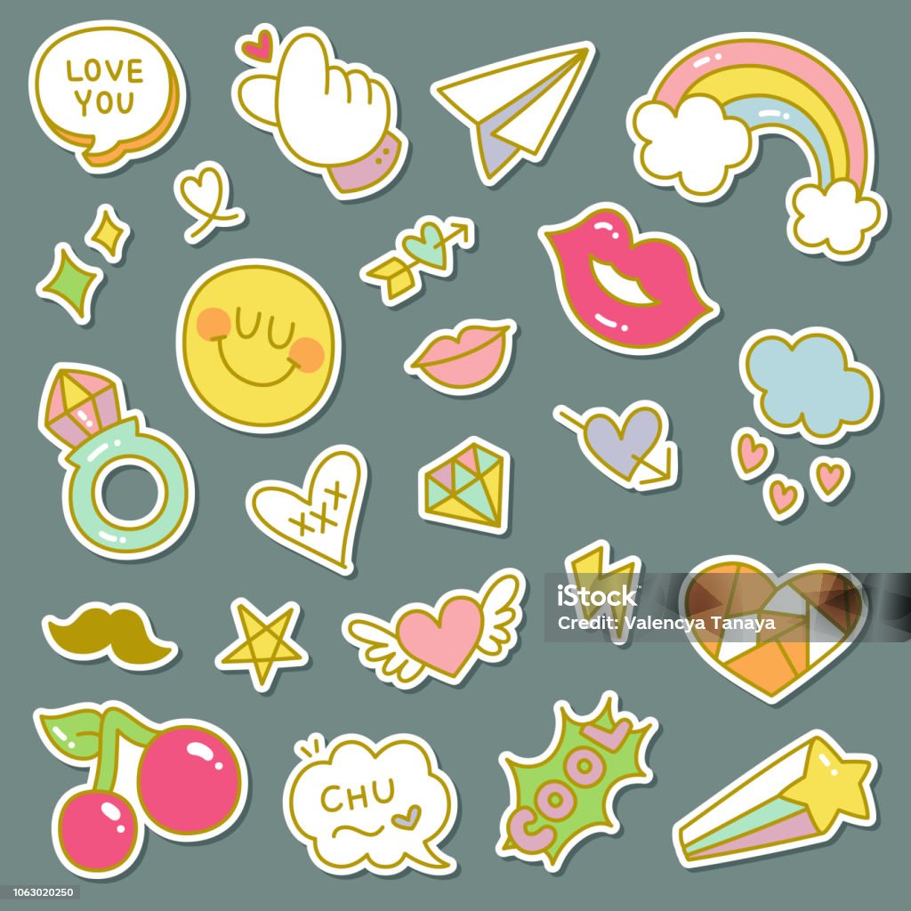 Set of Decorative Fashion Patches, Badges, or Pins Vector Illustration Sticker stock vector