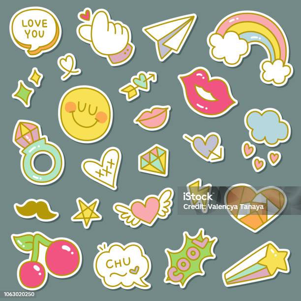 Set Of Decorative Fashion Patches Badges Or Pins Stock Illustration - Download Image Now - Sticker, Cute, Paper Airplane