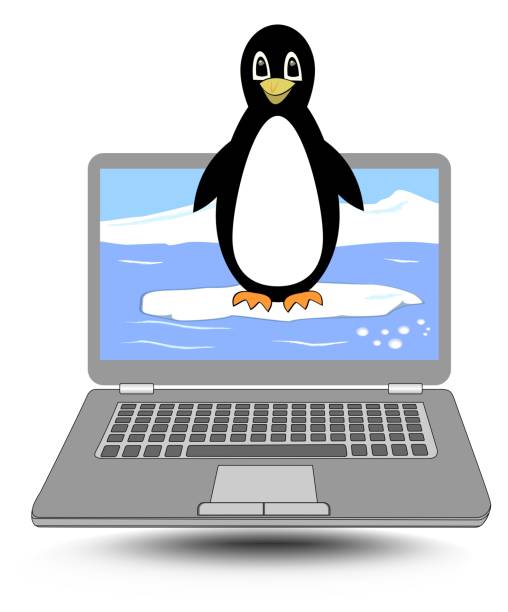 istock Laptop with the penguin coming out of the display, cute label for computer operating system 1063021630