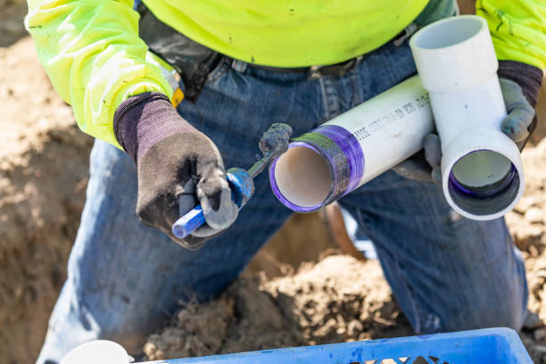 encanador, aplicando o desentupidor, primer e cola para tubo de pvc no canteiro de obras - pvc - fotografias e filmes do acervo