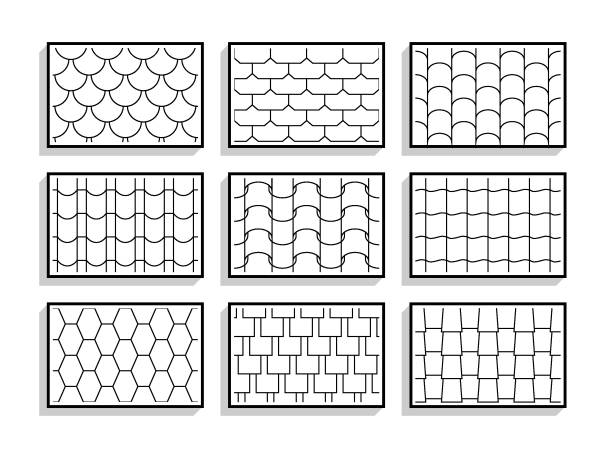 zestaw bezszwowych faktur dachówek. czarno-białe wzory graficzne materiałów architektonicznych - shingled stock illustrations